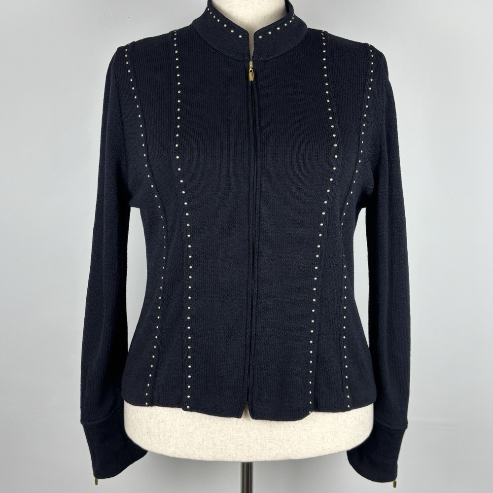 Vintage St. John Jacket 12 Black Gold Wool Blend Santana Knit Studded Zip Luxury